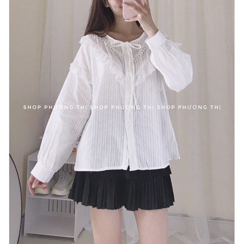 Áo sơmi trắng vạt bèo cổ nơ chất thô mềm ( hình thật/sẵn) | BigBuy360 - bigbuy360.vn