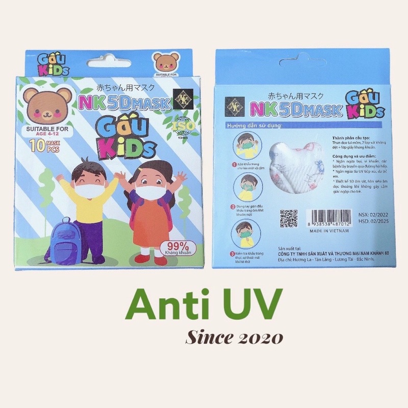 Hộp 10c khẩu trang 5D Gấu kids bé 2-10t bé trai bé gái