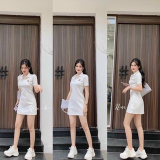 Đầm polo thêu gấu tay ngắn xẻ đùi