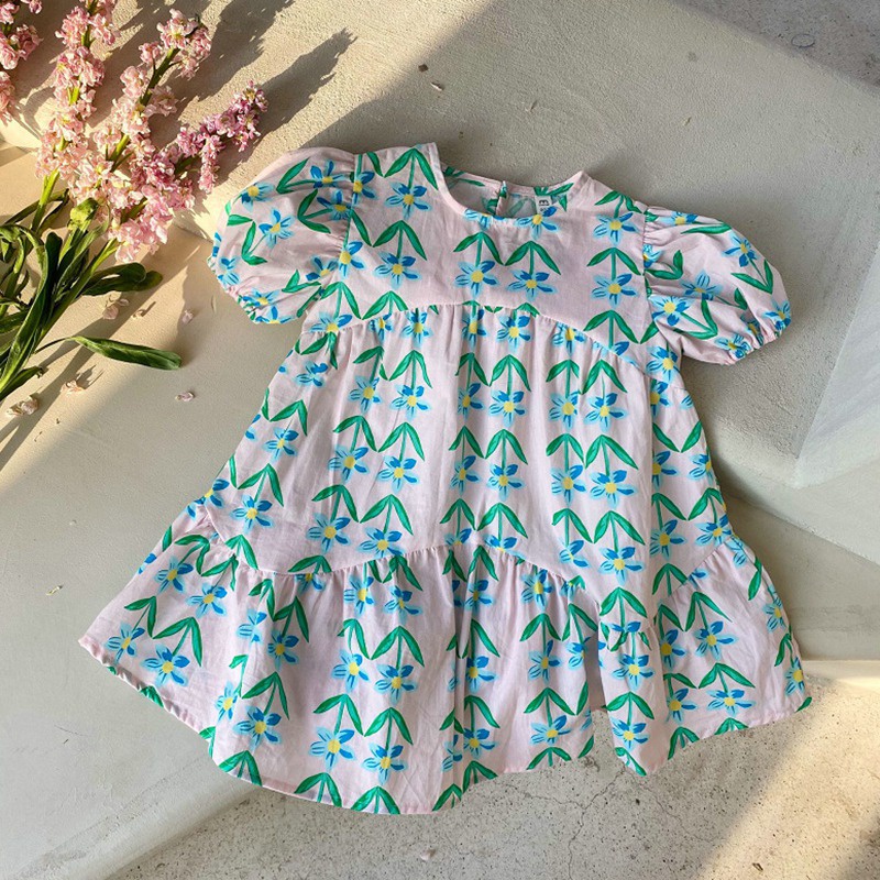 Đầm Công Chúa Tay Phồng Ngắn In Họa Tiết Hoa Phong Cách Hàn Quốc Đơn Giản Dành Cho Bé Gái