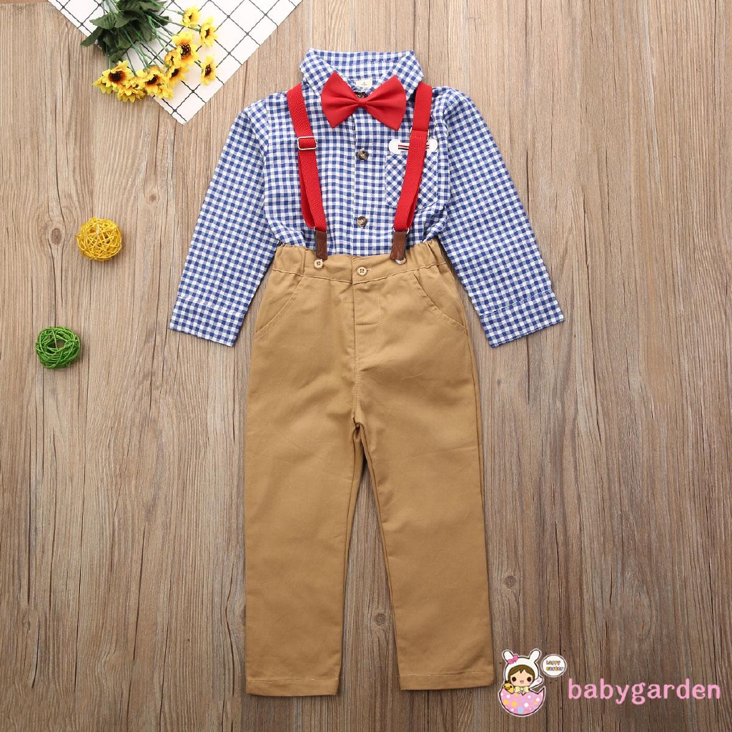 ღ♛ღ3PCS Baby Boys Outfit Bow+Plaid Tops+Pants Gentleman Clothes Set