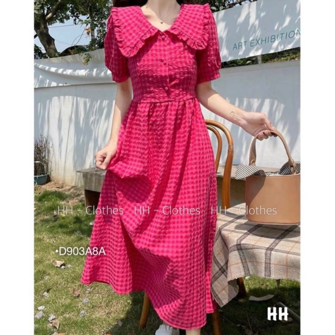 Đầm Xòe Caro Tiểu Thư Váy Kẻ Babydoll Dài Cổ Bèo Tay Phồng Cột Nơ Lưng Dáng Vintage 3 Màu