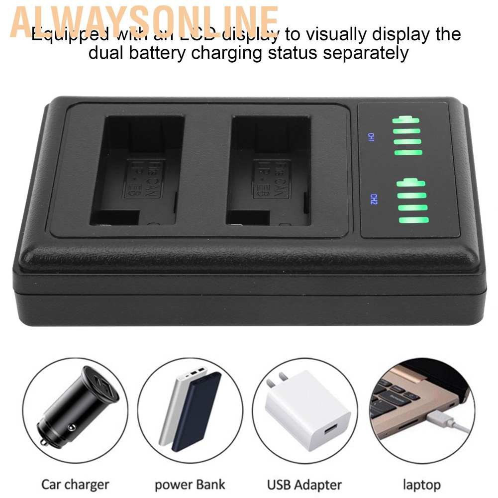 Alwaysonline Double Charging Station Fast Charger Micro Type‑C LCD Display for LP‑E8 Camera Battery