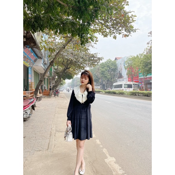 Váy nhung pha cổ lụa nơ siêu xinh