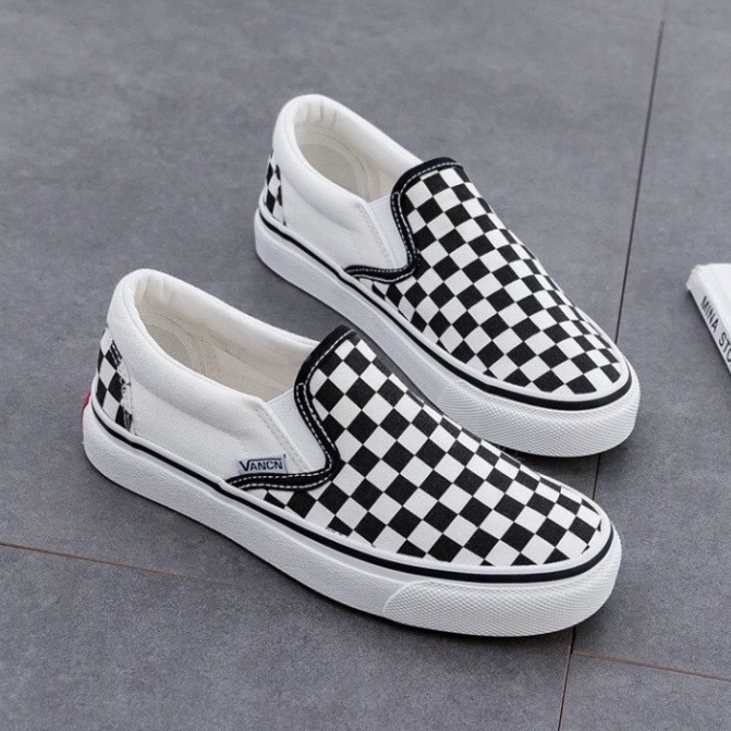 Giày lười nam nữ cao cấp full bill box, giày thể thao Slip On Vans Caro đẹp kẻ sọc đen trắng cá tính, đế êm lót da D18