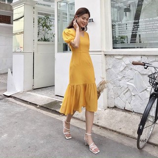 Đầm váy freesize vàng cổ V đuôi cá