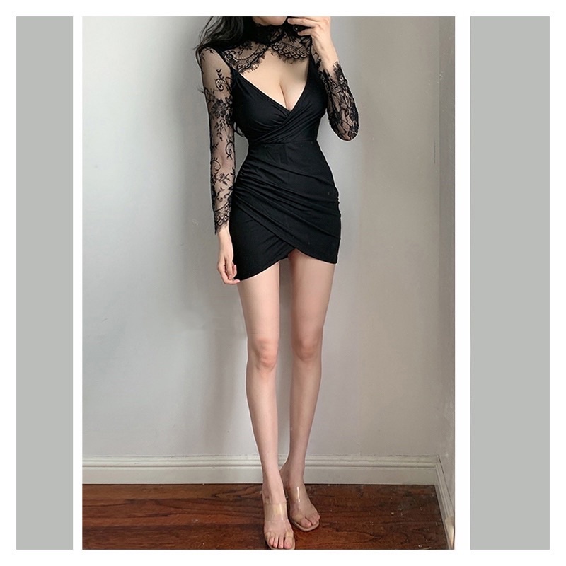 Đầm Ren Tay Dài Dáng Ôm Thiết Kế Khoét Sâu Quyến Rũ Thời Trang Cho Nữ 444