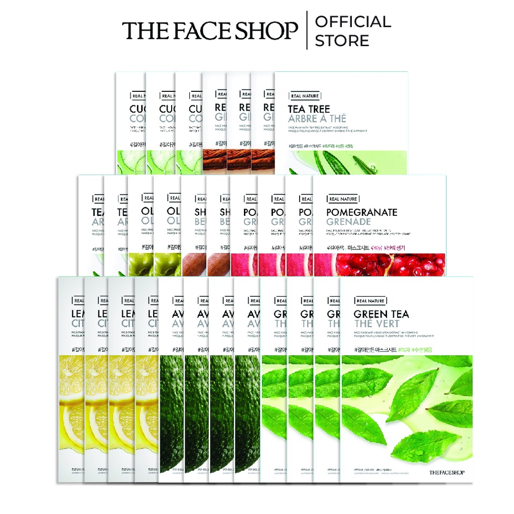 Combo 29 Mặt Nạ Real Nature Dưỡng Da The Face Shop 20gx29 (dưa leo,hồng sâm,tràm trà,oliu,bơ hạt)