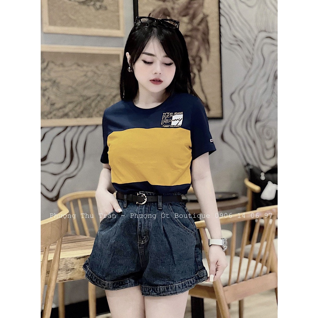 APN162 - ÁO CỘC CỔ TRÒN PHỐI MÀU CAM THAN - NÂU BE CHO NỮ SIÊU HOT