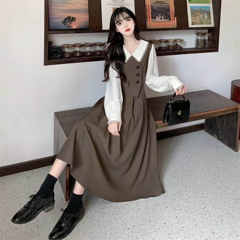 Váy babydoll váy xinh Đầm Cổ Búp Bê Giả Hai Mảnh Thời Trang Thu Đông Thanh Lịch