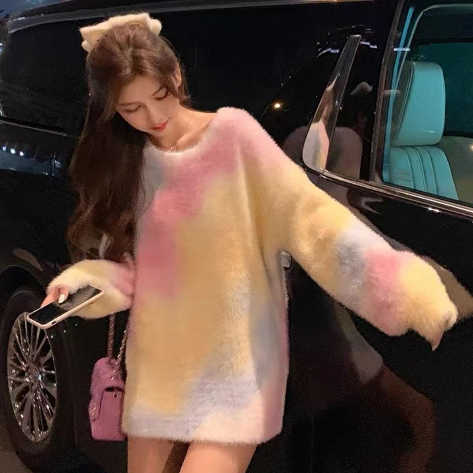 Áo Sweater Len Lông Chồn Dáng Rộng Màu Gradient Thời Trang Thu Đông Cho Nữ