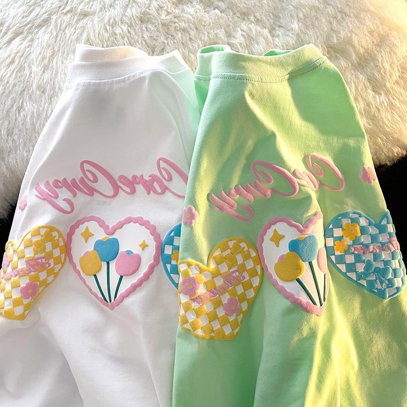 Áo Thun Tay Ngắn Dáng Rộng Chất Liệu Cotton Nguyên Chất In Họa Tiết Trái Tim Thời Trang Dành Cho Nữ