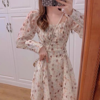 SẴN 🎀Đầm ulzzang trễ vai tay cúc ngọc hoa nhí đan dây eo xinh xắn|Váy dự tiệc tiểu thư Hàn Quốc cổ vuông tay phồng