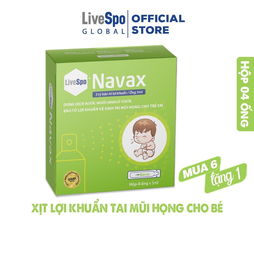 COMBO 6 TẶNG 1 LiveSpo Navax Xịt nước muối sinh lý chứa bào tử lợi khuẩn giảm nguy cơ viêm nhiễm tai mũi họng 4 ống