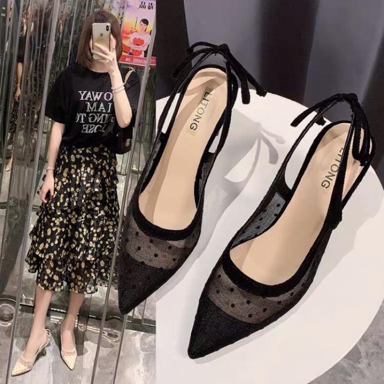 Giày cao gót mũi nhọn lưới chấm bi cao 7cm nơ gót UAU