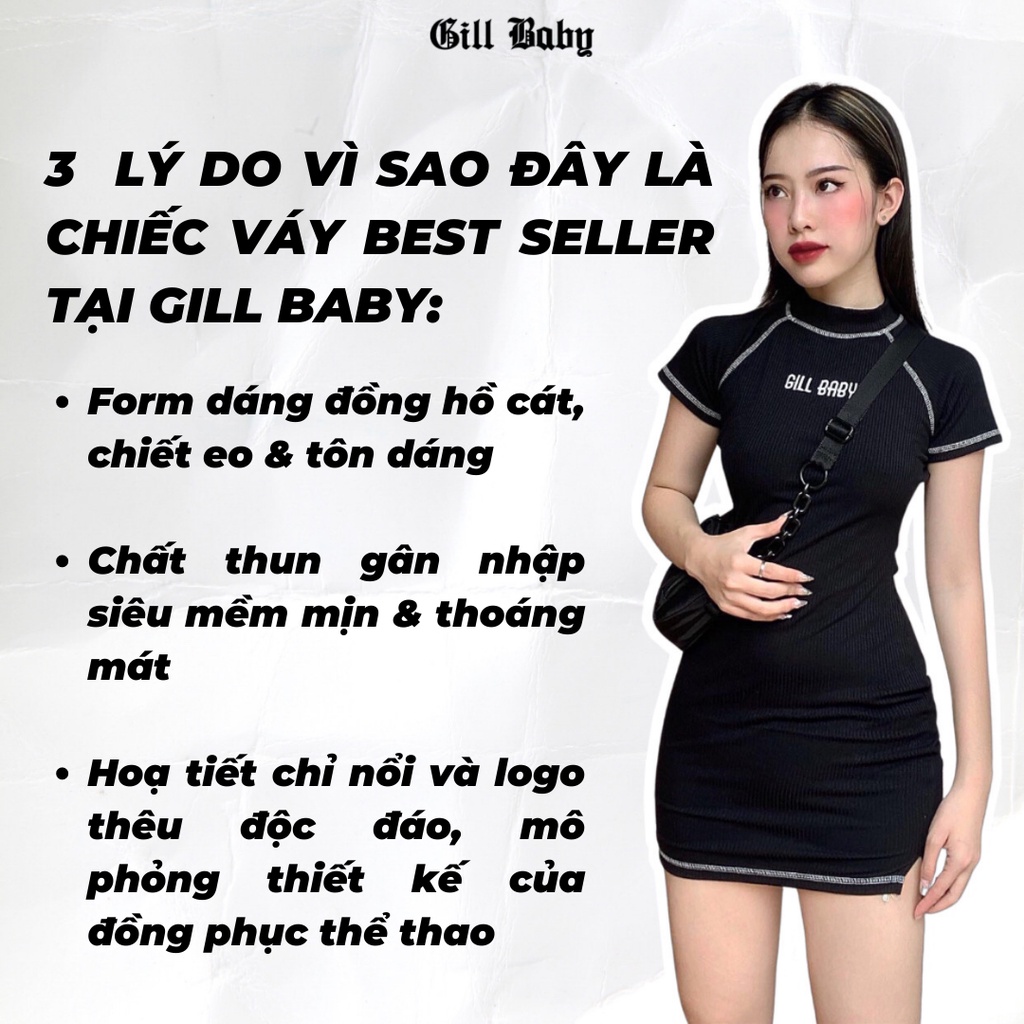 GILLBABY | Đầm body basic tay ngắn chất thun gân logo thêu năng động