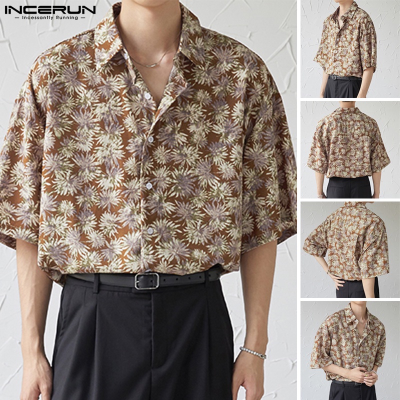 Áo sơ mi INCERUN tay ngắn in họa tiết hoa phong cách thời trang cho nam