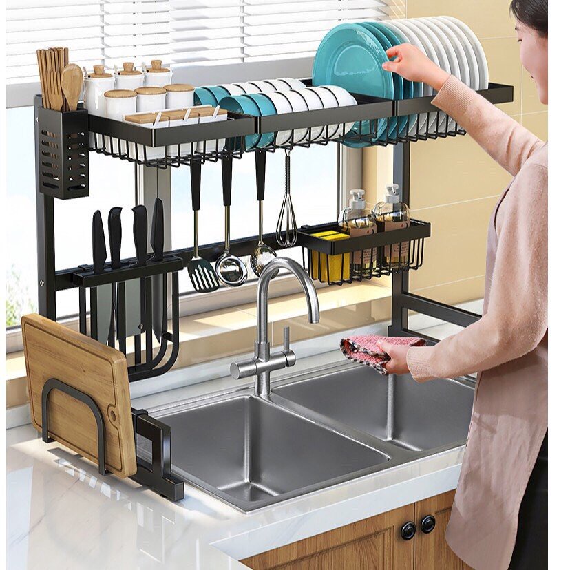 Kệ úp chén bát đa năng bằng thép carbon không gỉ, chống xước, sơn đen tĩnh điện, giá úp chén trên bồn rửa ráo nước