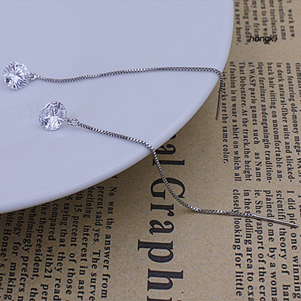 Bông tai nữ dáng dài mạ bạc đính đá zircon thời trang