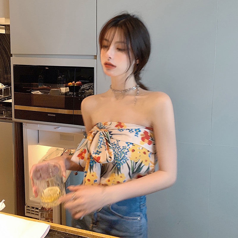 Áo Ống Hở Vai In Họa Tiết Hoa Thắt Nơ Thời Trang Cho Nữ