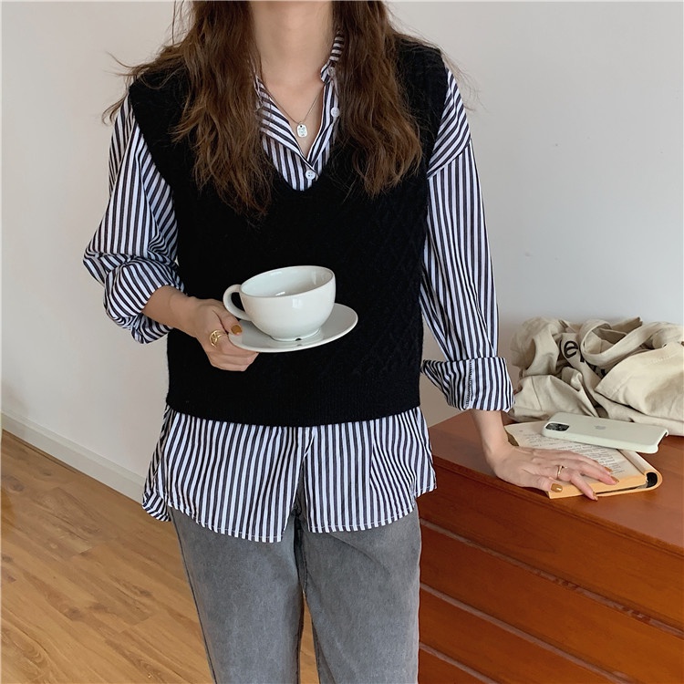 Áo Gile len nữ Viền nổi Ulzzang Cổ tim Hàn Quốc Gile nữ Cổ V Thời trang Thu Đông | BigBuy360 - bigbuy360.vn