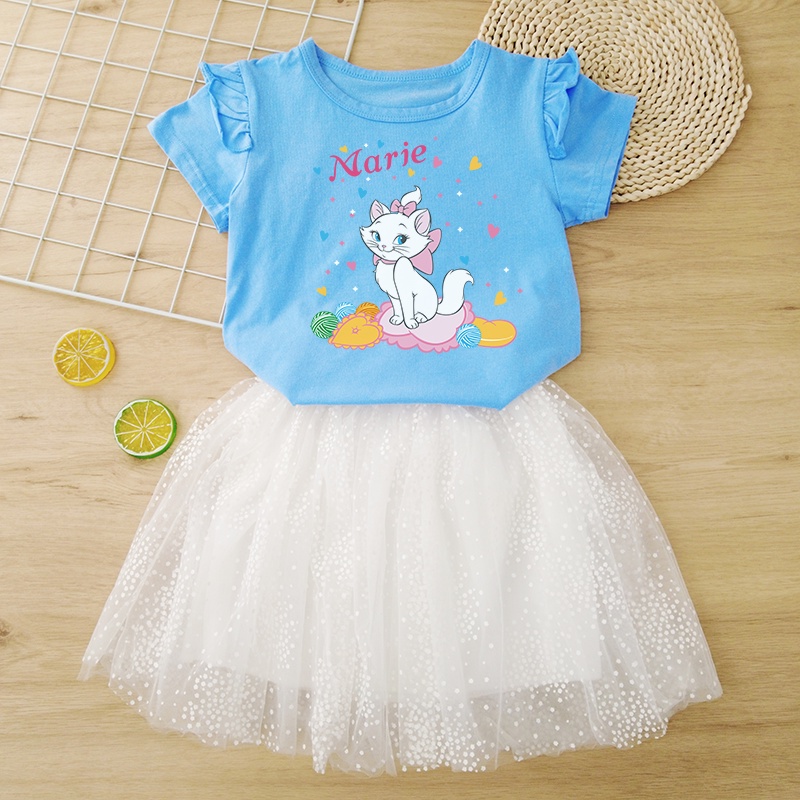 Bộ 2 Món Áo Thun Tay Cánh Hoa Mềm Mại + Chân Váy Chữ A Phối Lưới Thời Trang Cho Bé Gái