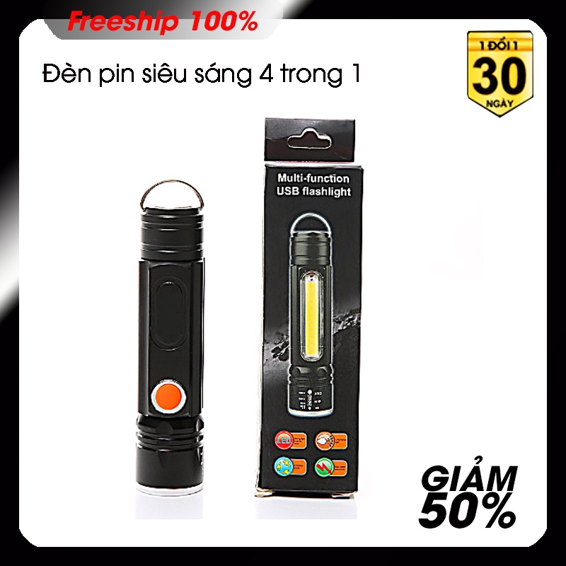Đèn pin siêu sáng, 4 trong 1, đèn cob , đèn pha , có móc , có nam châm hút,có sạc cổng usb có cổ dê nhựa có video.