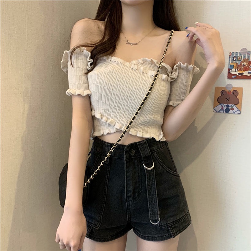 Áo Dệt Kim Tay Ngắn Trễ Vai Dáng Ôm Phong Cách Hàn Quốc Thời Trang Quyến Rũ Cho Nữ