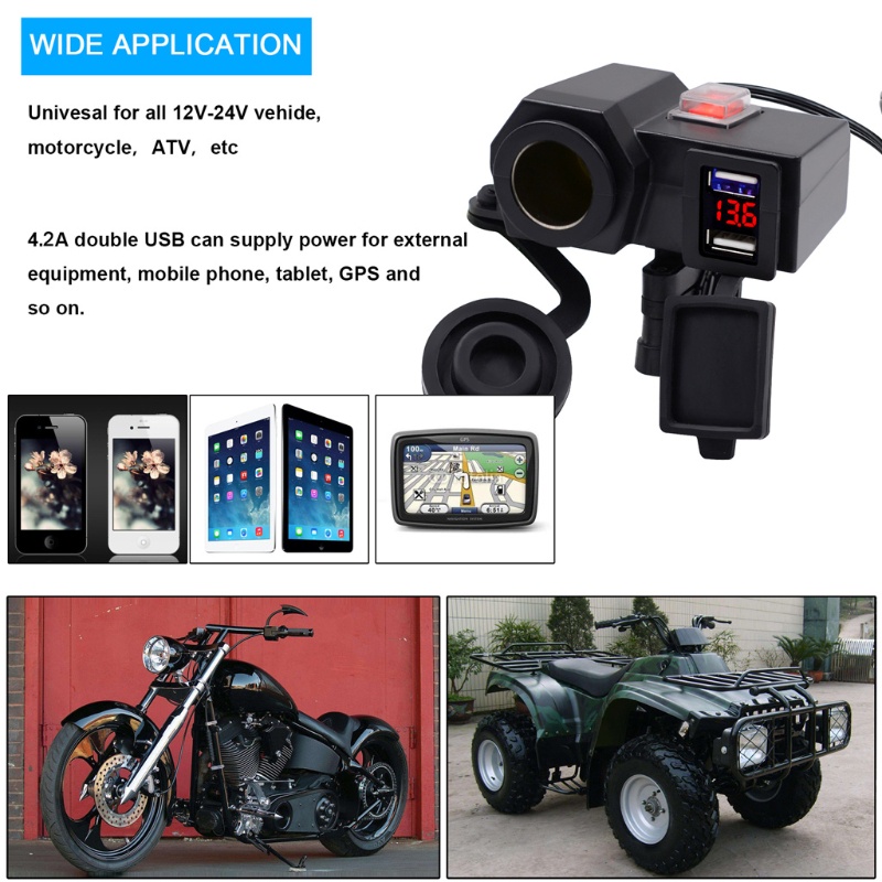 Ổ Cắm Sạc Hai Cổng USB Có Màn Hình Hiển Thị Điện Áp Cho Xe Hơi Xe Máy Tàu Thuyền ATV 12V