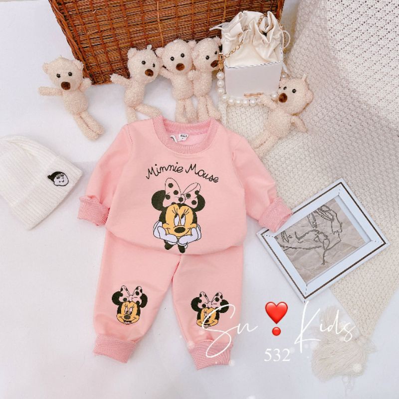 Đồ bộ nỉ tay dài quần dài bé gái màu hồng hình Mikey dễ thương
