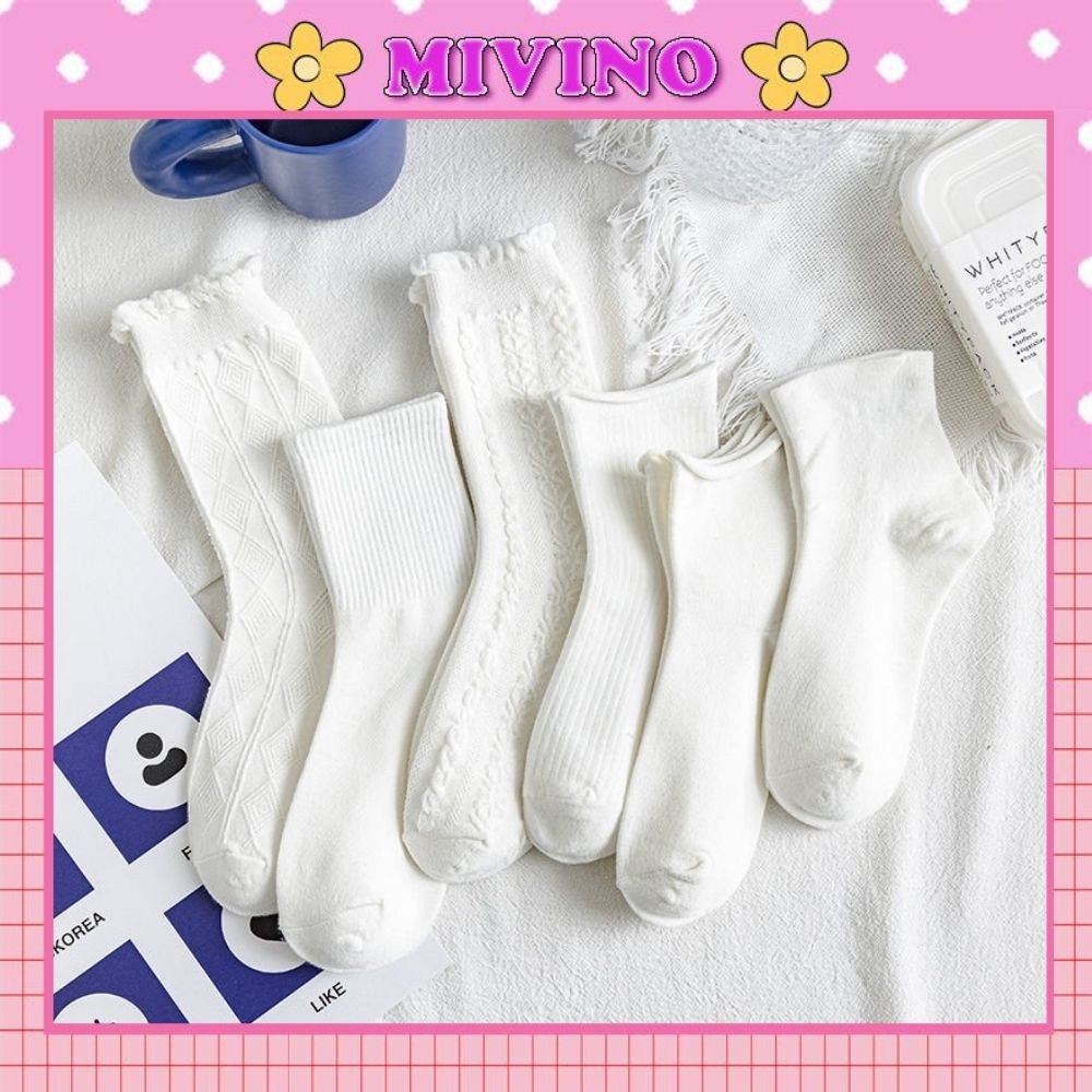 Tất trắng Mivino vớ cổ cao nữ cotton co giãn phối ren bèo dễ thương TN136