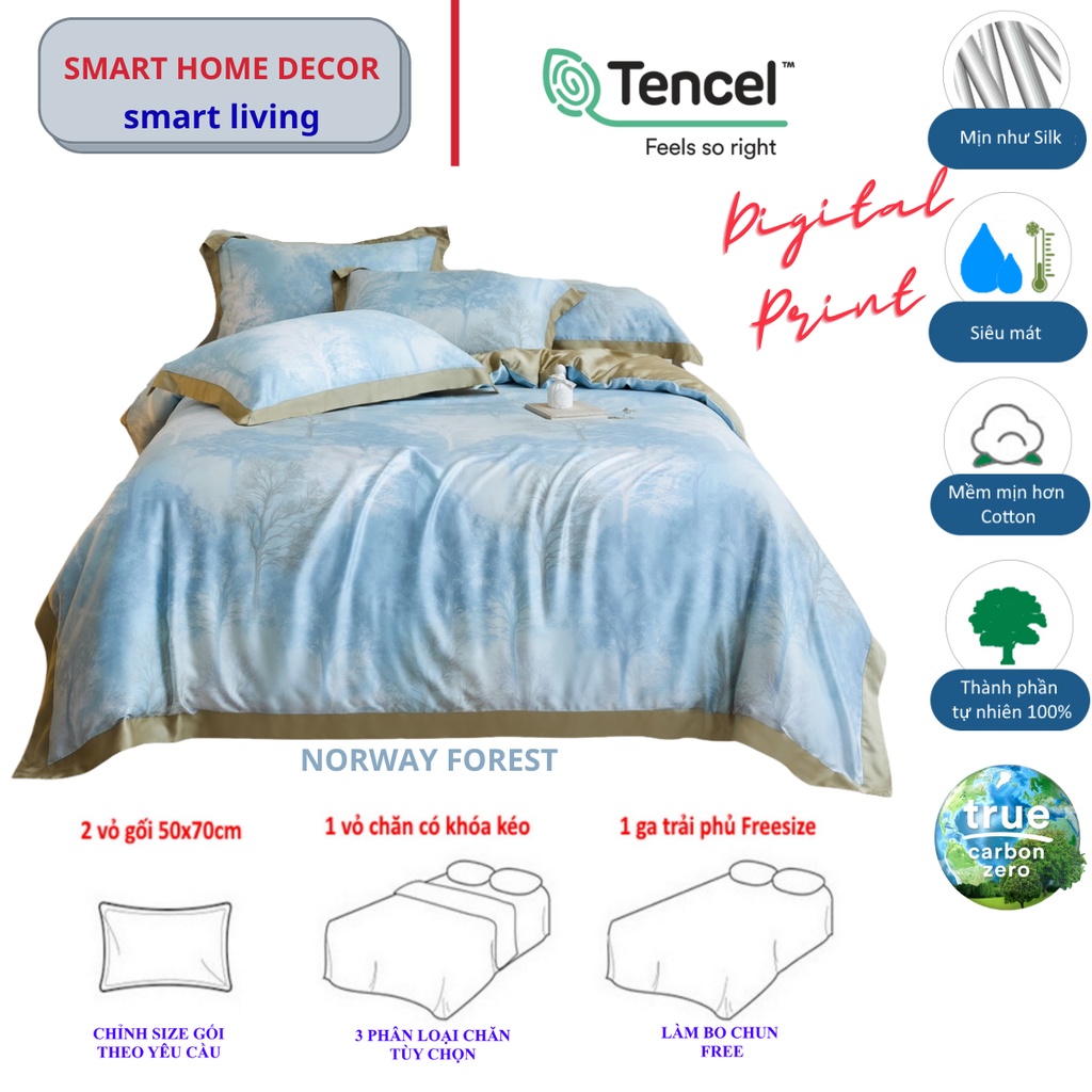 Bộ chăn ga gối cao cấp 100%Tencel 100s Họa tiết Rừng Norway in 3D độc lạ, Siêu mềm mát mịn Hè 2022