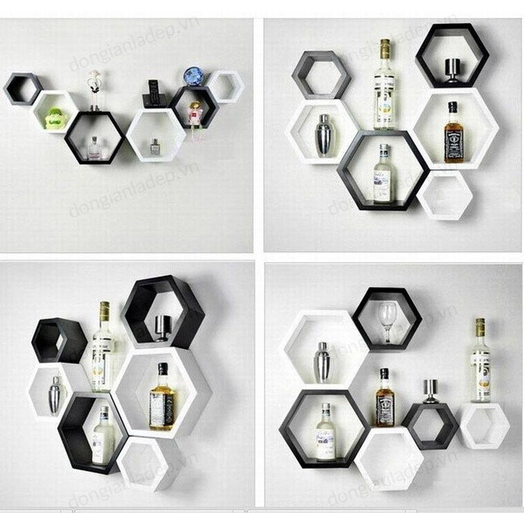 Set Kệ treo tường 6 hình lục giác cao cấp cạnh  20-15-10