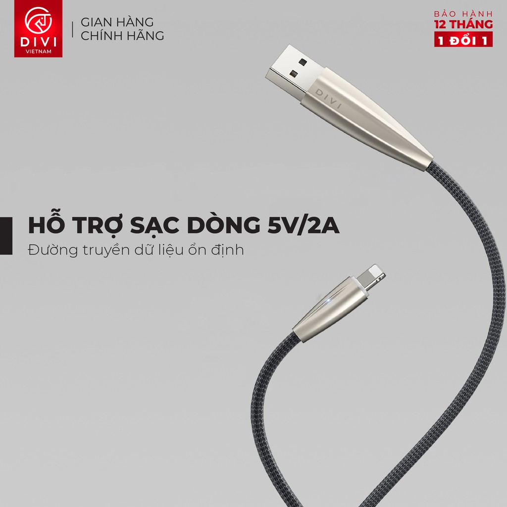 Dây cáp sạc iPhone DIVI P413 Vỏ bện nylon - Hàng phân phối chính hãng - Bảo hành 12 tháng 1 đổi 1