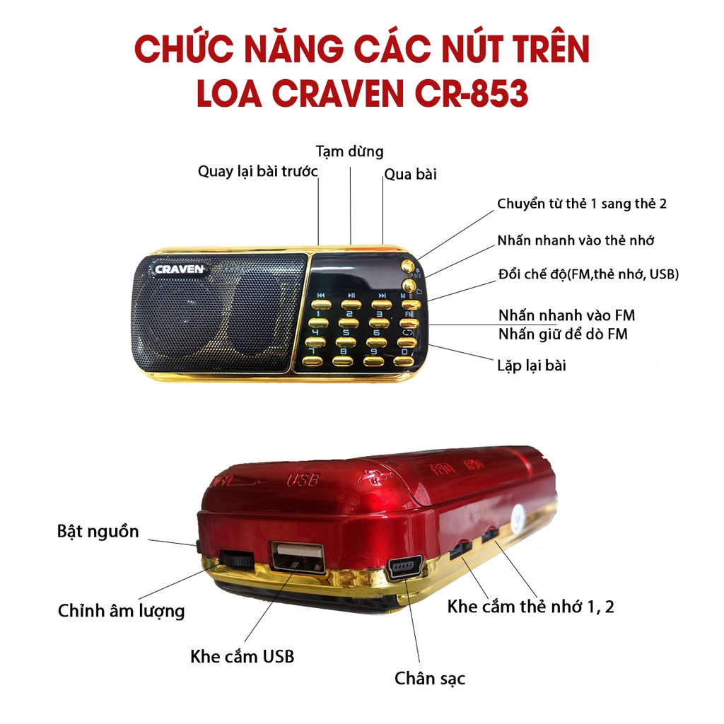 Combo Loa Đài Craven nghe thẻ nhớ, USB, FM, Máy nghe nhạc mini Tắm Ngôn Ngữ, Caraven CR 853/836s