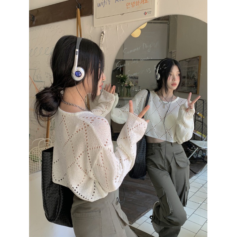 NUZIRO Áo kiểu dệt kim  chống nắng dáng rộng thiết kế lỗ lưới thời trang cho nữ