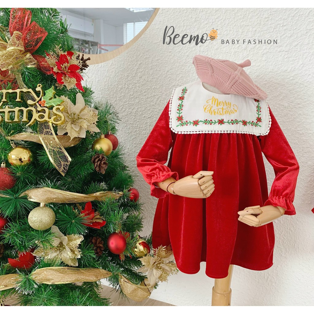 Váy nhung Noel cho bé Beemo, Chất liệu nhung mềm mại,Phụ kiện yếm thêu nguyệt quế có thể tháo rời B088