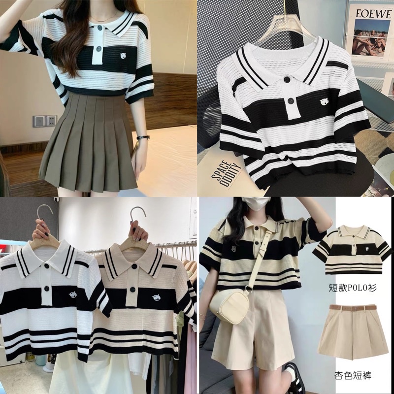 [Ảnh thật/Video]Áo kẻ polo Tây có cổ kiểu mongtogi Quảng Châu  Áo len sọc ngang Hàn Quốc