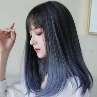 Tóc giả cả đầu nhuộm chân đen xanh khói