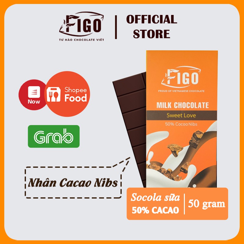 [COMBO 4 HỘP] Milk Chocolate Nibs Figo_Socola 50% Cacao Figo nhân Hạt Cacao nguyên chất Thanh 50gr