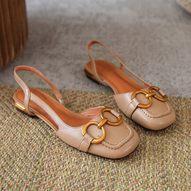 Giày Sandal Hở Ngón Mũi Vuông Đế Bằng Phối Khóa Kim Loại Thời Trang Mùa Hè 2021 Phong Cách Pháp Cổ Điển Mới Cho Nữ