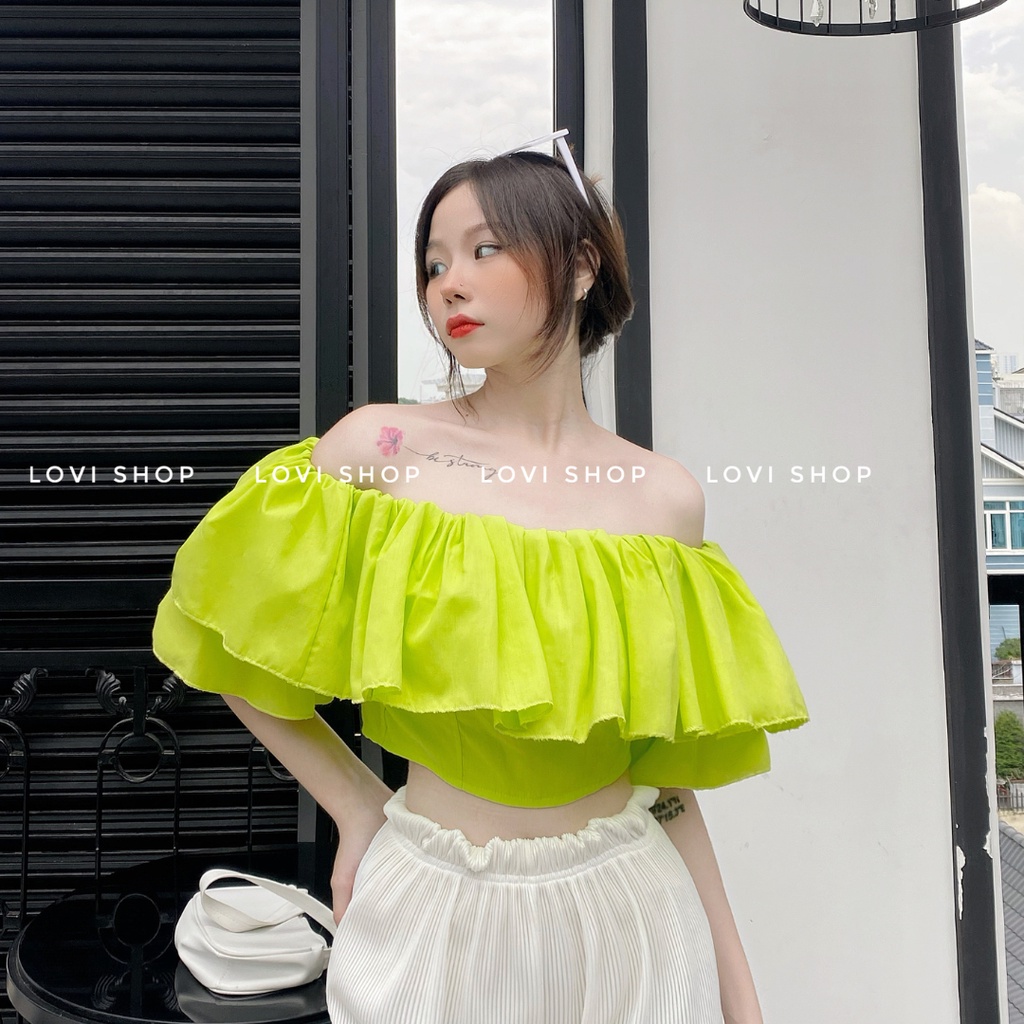 LOVI SHOP - Áo croptop trễ vai phối bèo tầng nhiều màu LOVI