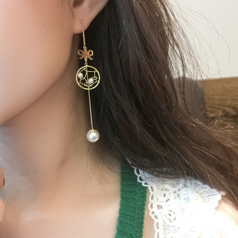 Hoa Tai Dáng Dài Đính Ngọc Trai Nhân Tạo Phối Nơ Phong Cách Hàn Quốc Cho Nữ