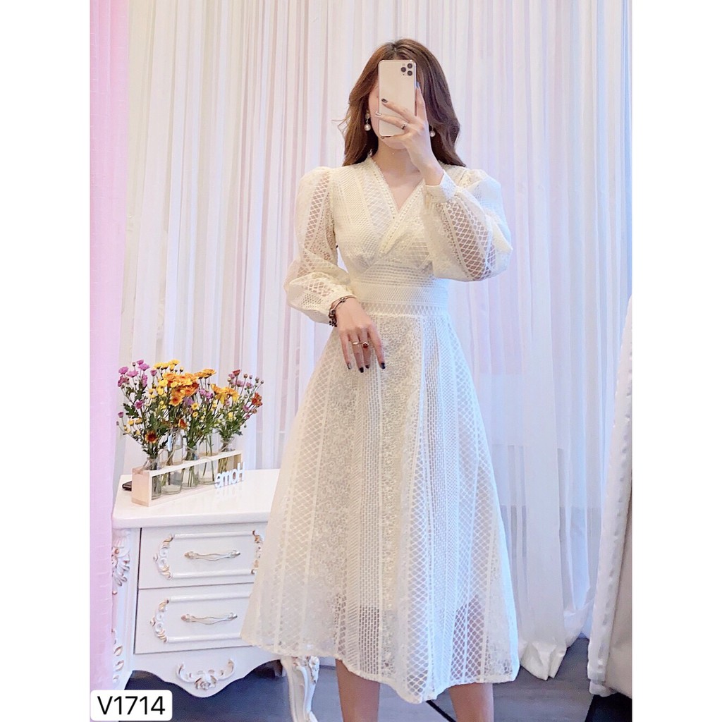 Váy kem ren xòe thiết kế V1714 - DVC Dolce Viva Colection Authentic ( Ảnh mẫu và ảnh trải sàn do shop tự chụp ) | BigBuy360 - bigbuy360.vn