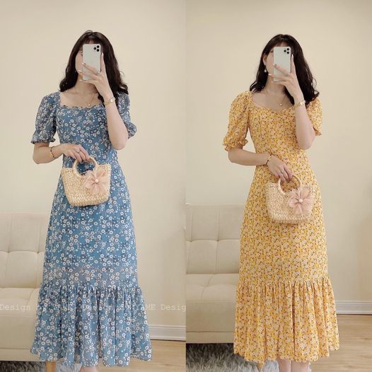 Váy đầm hoa nữ ngắn tay dáng dài màu xanh dương chất voan tơ lót lụa YAME