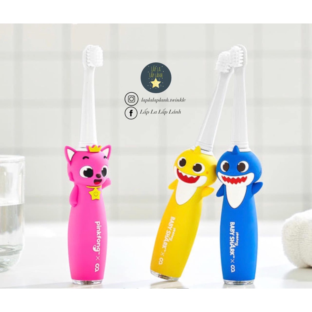 Bàn chải điện sóng âm Pinkfong Baby Shark Hàn Quốc gồm 1 thân bàn chải + 3 đầu chải + cáp sạc, bàn chải đánh răng cho bé