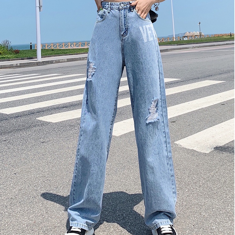 Quần Jeans Nữ Lưng Cao Ống Rộng Rách Gối Thời Trang Hàn Quốc