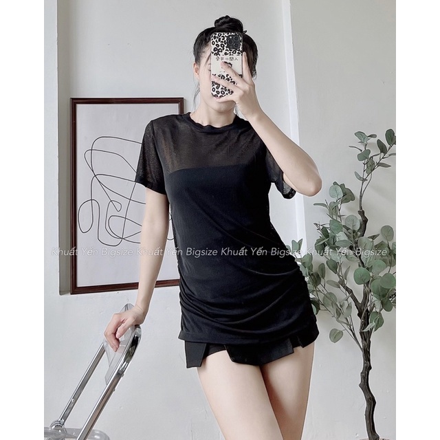 Áo thun nữ cổ tròn cách điệu rúm eo ❤Khuất Yến Bigsize❤ dáng ôm vừa co giãn 4 chiều chất liệu thun giấy mỏng mát