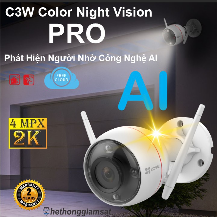 Camera Wifi Ezviz C3W Full Color Pro 4Mpx - 2K - 1440P (Độ phân giải 4Mpx - 2K) Có Màu Bang Đêm, Camera Wifi Ezviz Chính