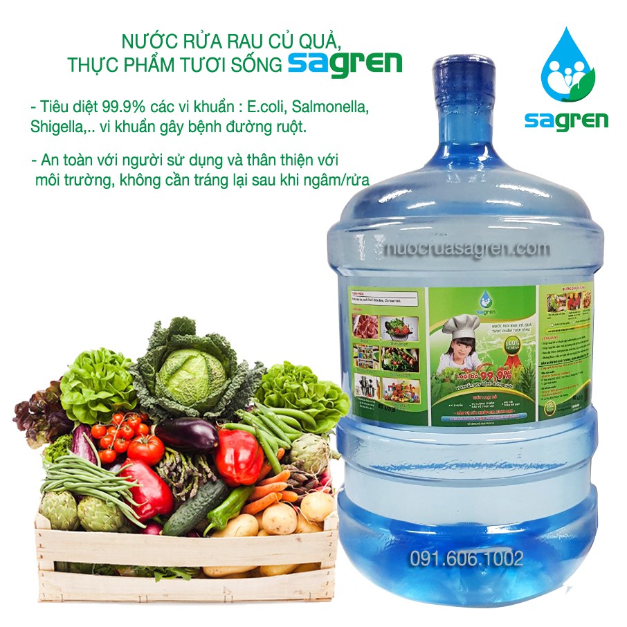 Nước rửa rau củ quả, thực phẩm tươi sống Sagren can 5 gallon diệt khuẩn và loại bỏ hóa chất bề mặt